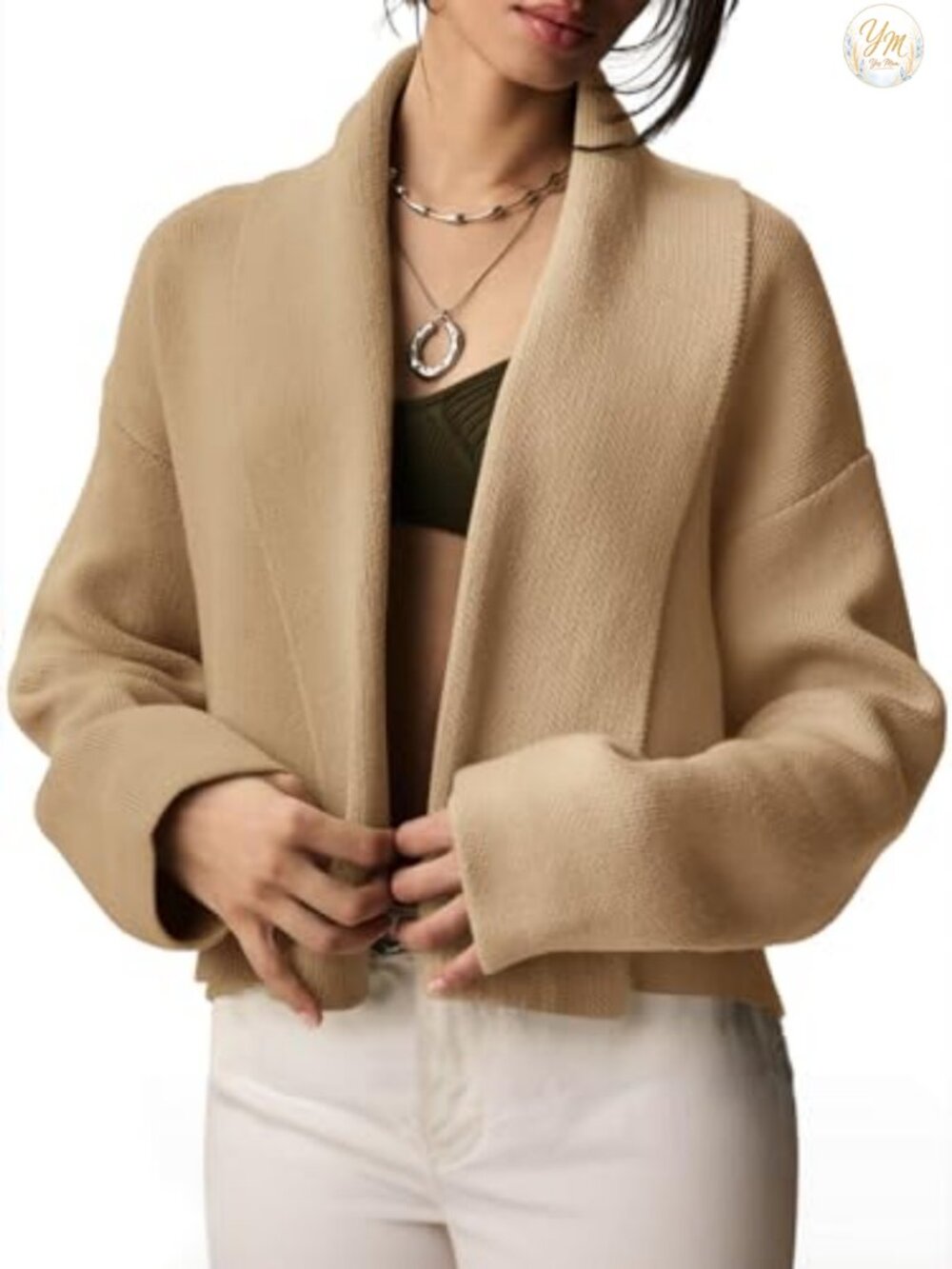Cropped Cardigan Sweater Viscose Blend Open Front Shawl Collar Women